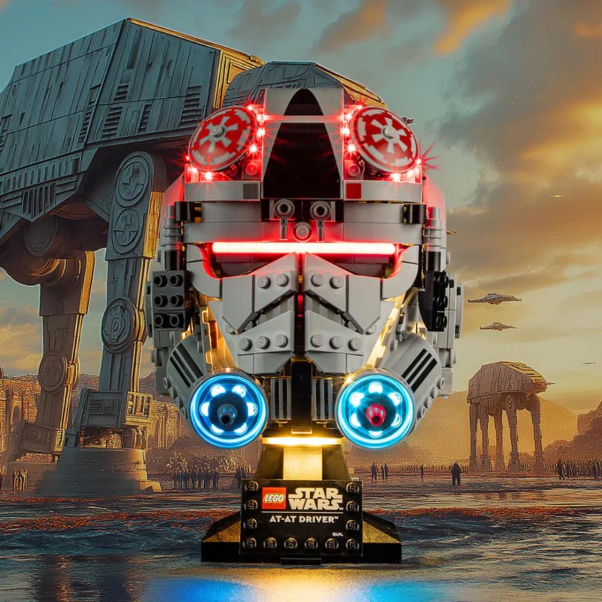 BriksMax LED light kit illuminating AT-AT Driver Helmet eye slots