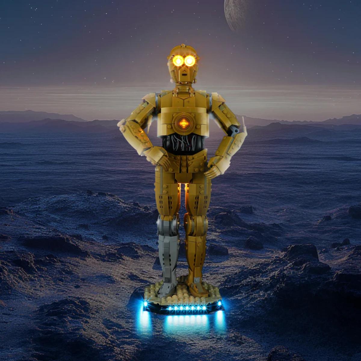 BriksMax LED Light Kit installed in LEGO C-3PO highlighting golden finish