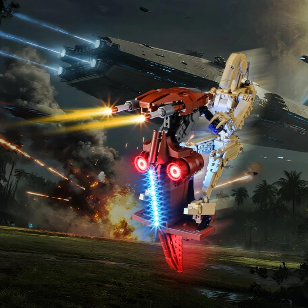 BriksMax light kit illuminating Battle Droid blaster and STAP hover base