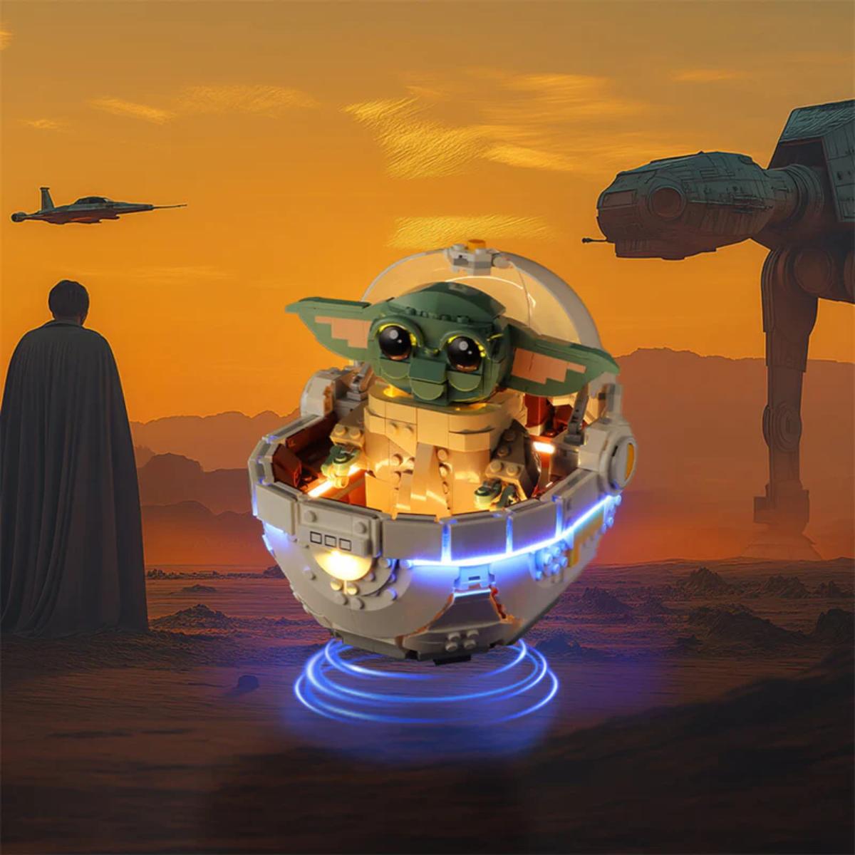 BriksMax LED kit illuminating Grogu’s eyes and hover pram base