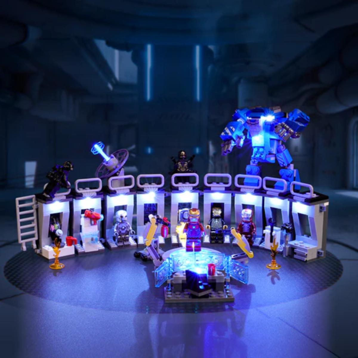 Iron Man Hall of Armor 76125 lit up by LED light kit