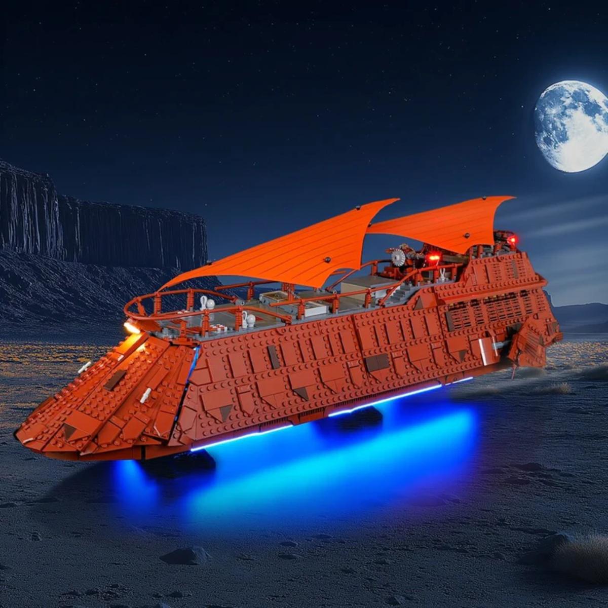 BriksMax 2.0 LED light kit glowing interior of Jabba’s Sail Barge