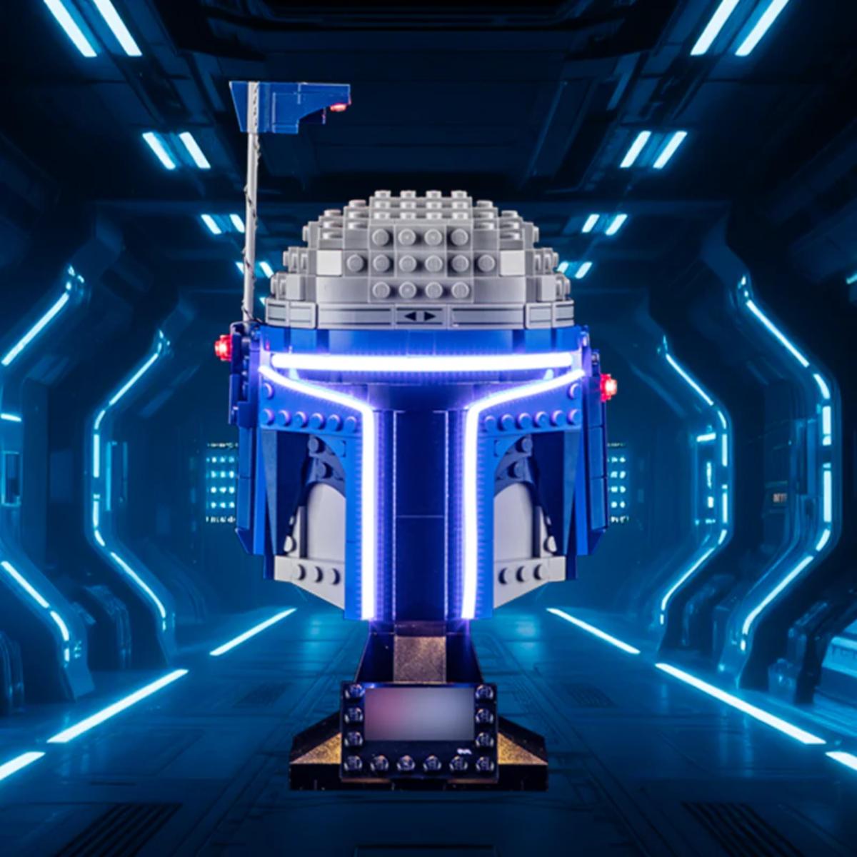 BriksMax LED light kit illuminating Jango Fett helmet eyes