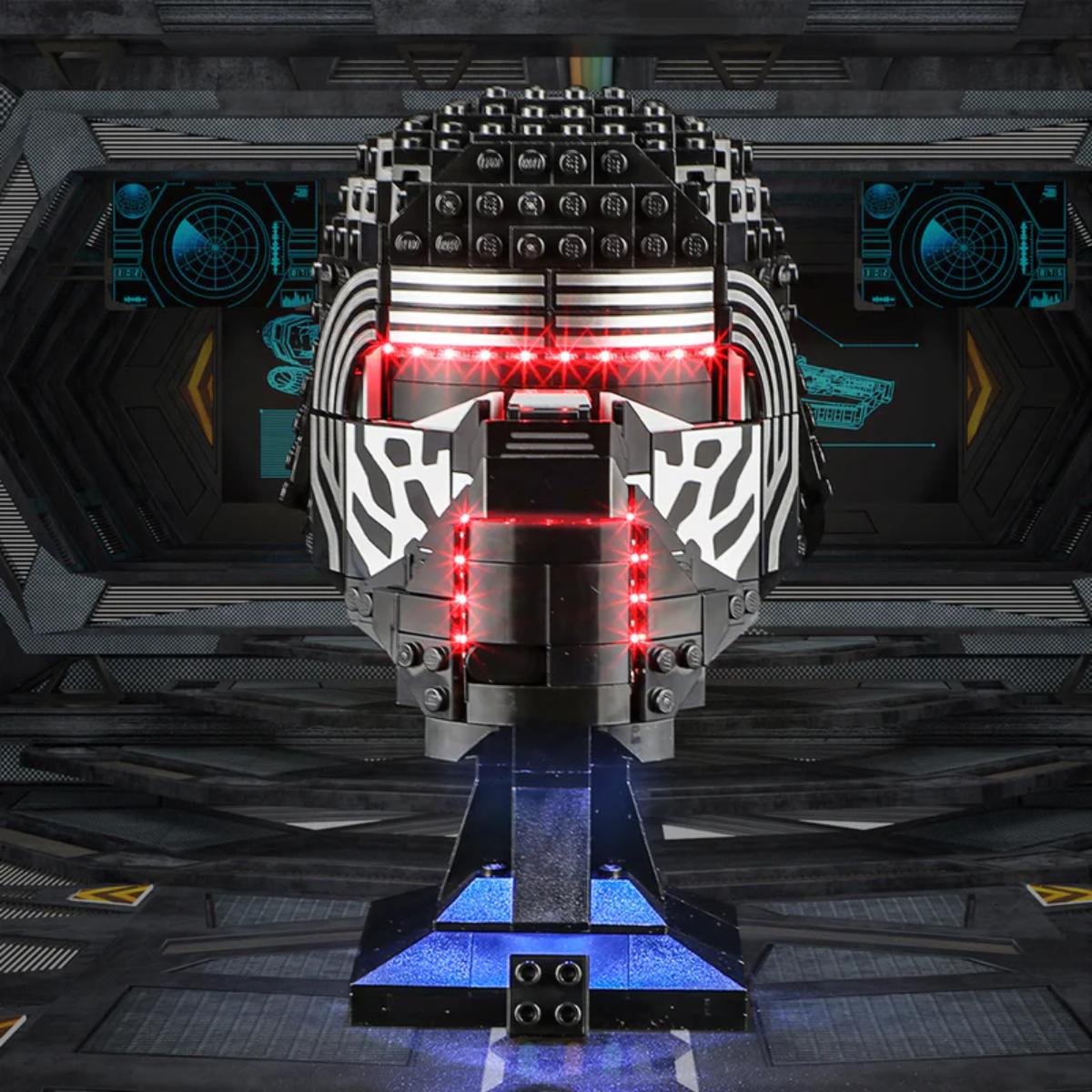 BriksMax 2.0 LED Light Kit installed in Kylo Ren Helmet model showing glowing eyes