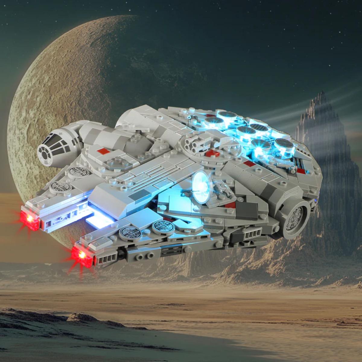 BriksMax LED light kit illuminating Millennium Falcon cockpit glow