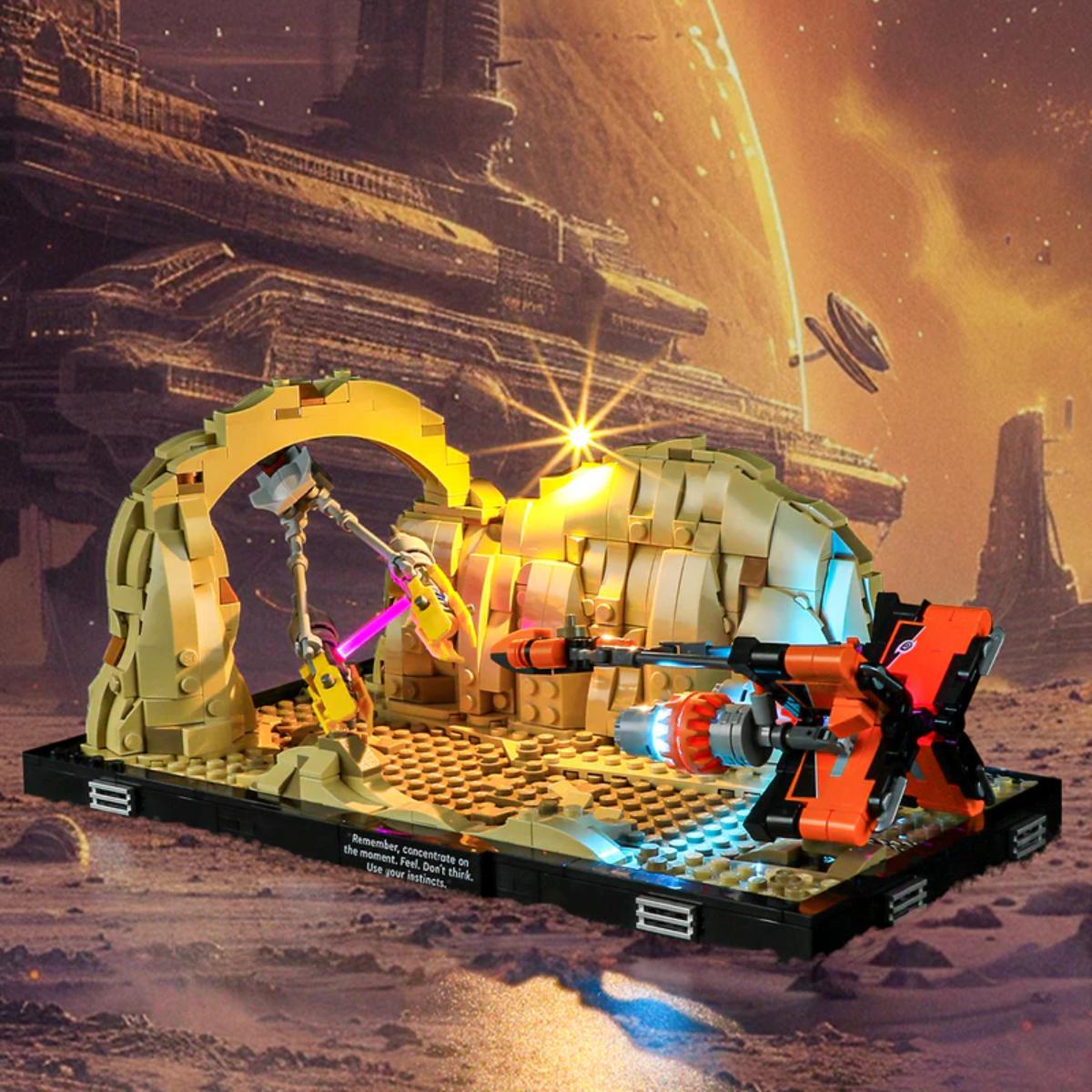 BriksMax LED kit installed in Mos Espa Podrace Diorama #75380 with engine illumination