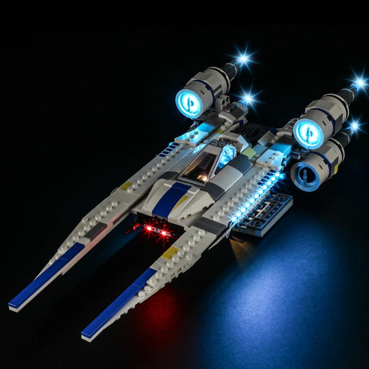 BriksMax LED lighting illuminating Rebel U-Wing cockpit and engines