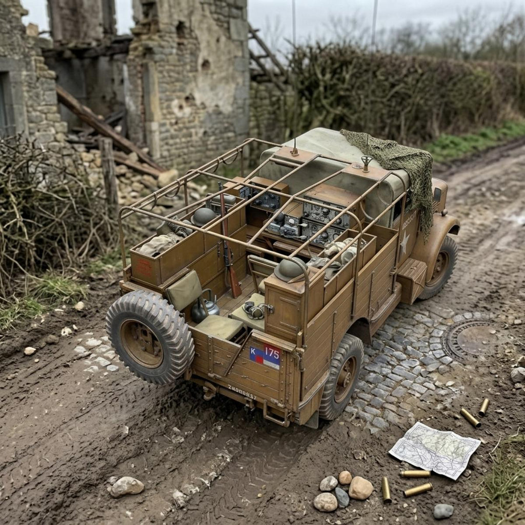 A detailed model of a vintage military truck in a muddy outdoor diorama setting, positioned next to a stone ruin and cobblestone road with miniature debris.