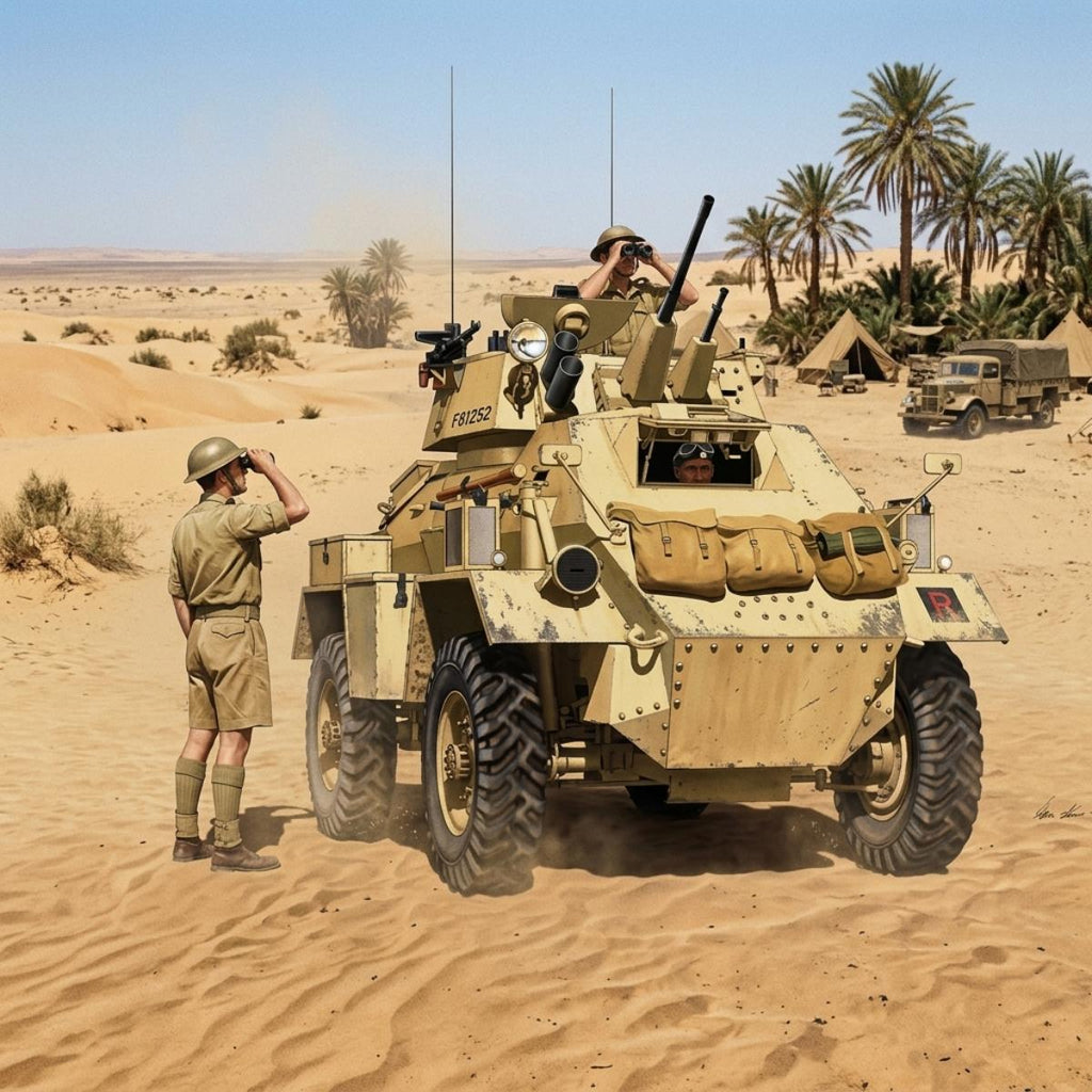 A military armored vehicle in a sandy desert setting, with soldiers standing nearby and palm trees in the background. The main subject is the tan armored car, with one soldier saluting and another looking out from the open top.