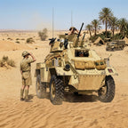 A military armored vehicle in a sandy desert setting, with soldiers standing nearby and palm trees in the background. The main subject is the tan armored car, with one soldier saluting and another looking out from the open top.