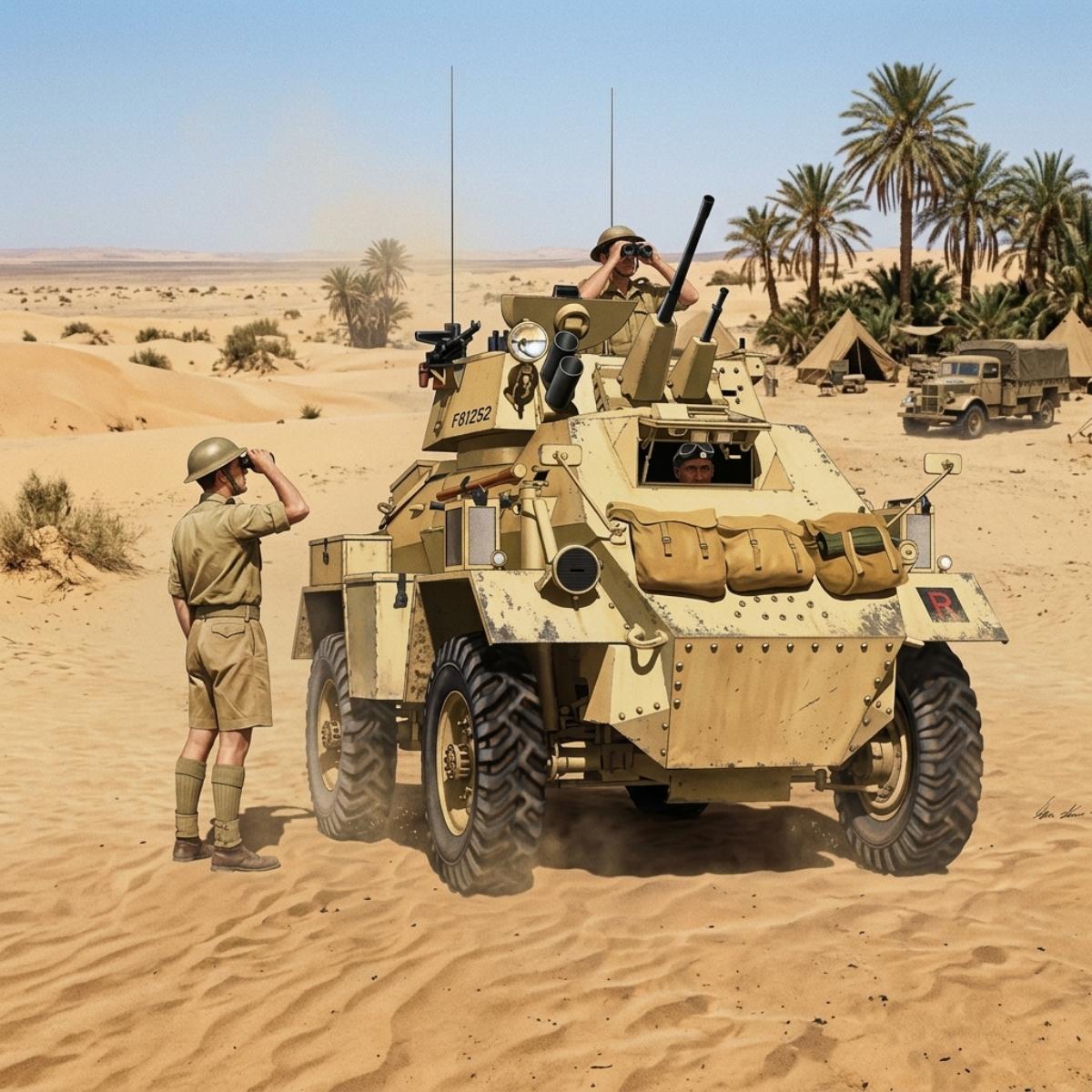 A military armored vehicle in a sandy desert setting, with soldiers standing nearby and palm trees in the background. The main subject is the tan armored car, with one soldier saluting and another looking out from the open top.
