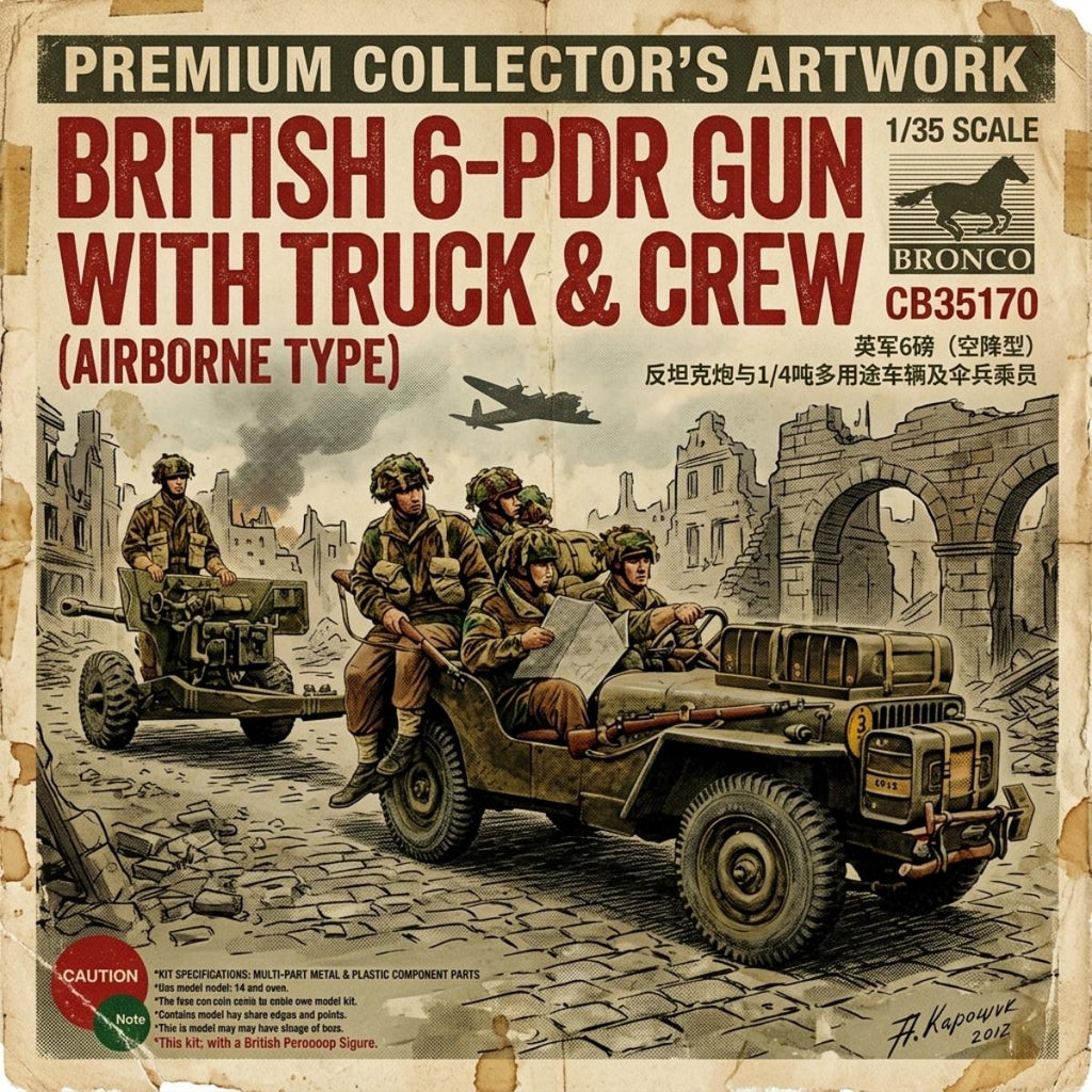 Bronco CB35170 1:35 British 6 pounder airborne anti tank gun model kit with jeep and crew