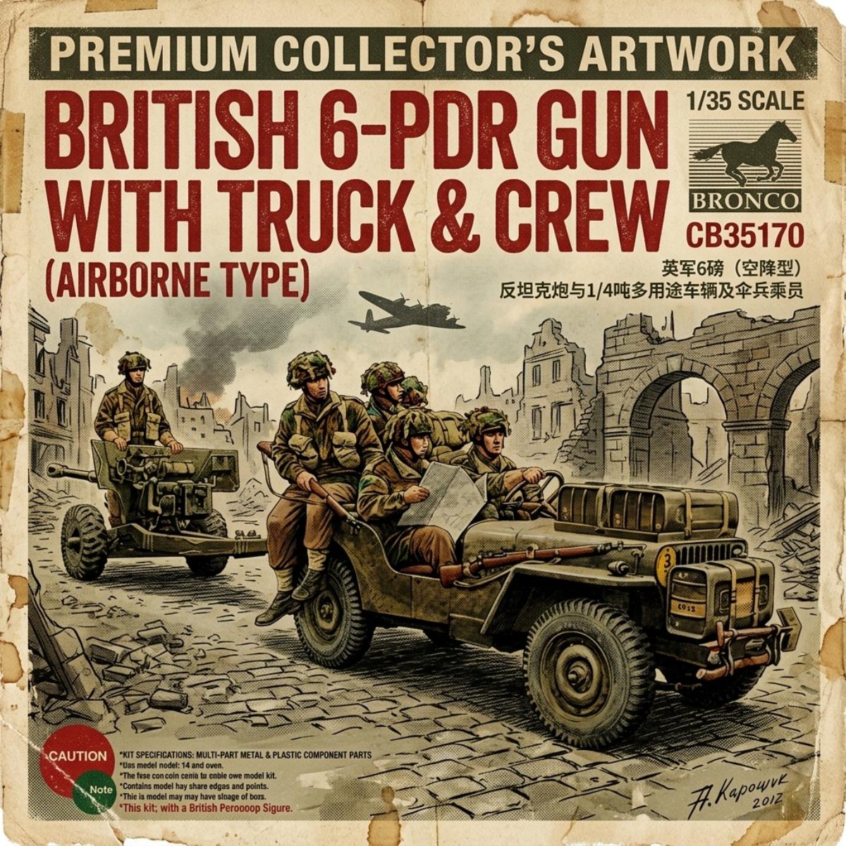 Bronco CB35170 1:35 British 6 pounder airborne anti tank gun model kit with jeep and crew