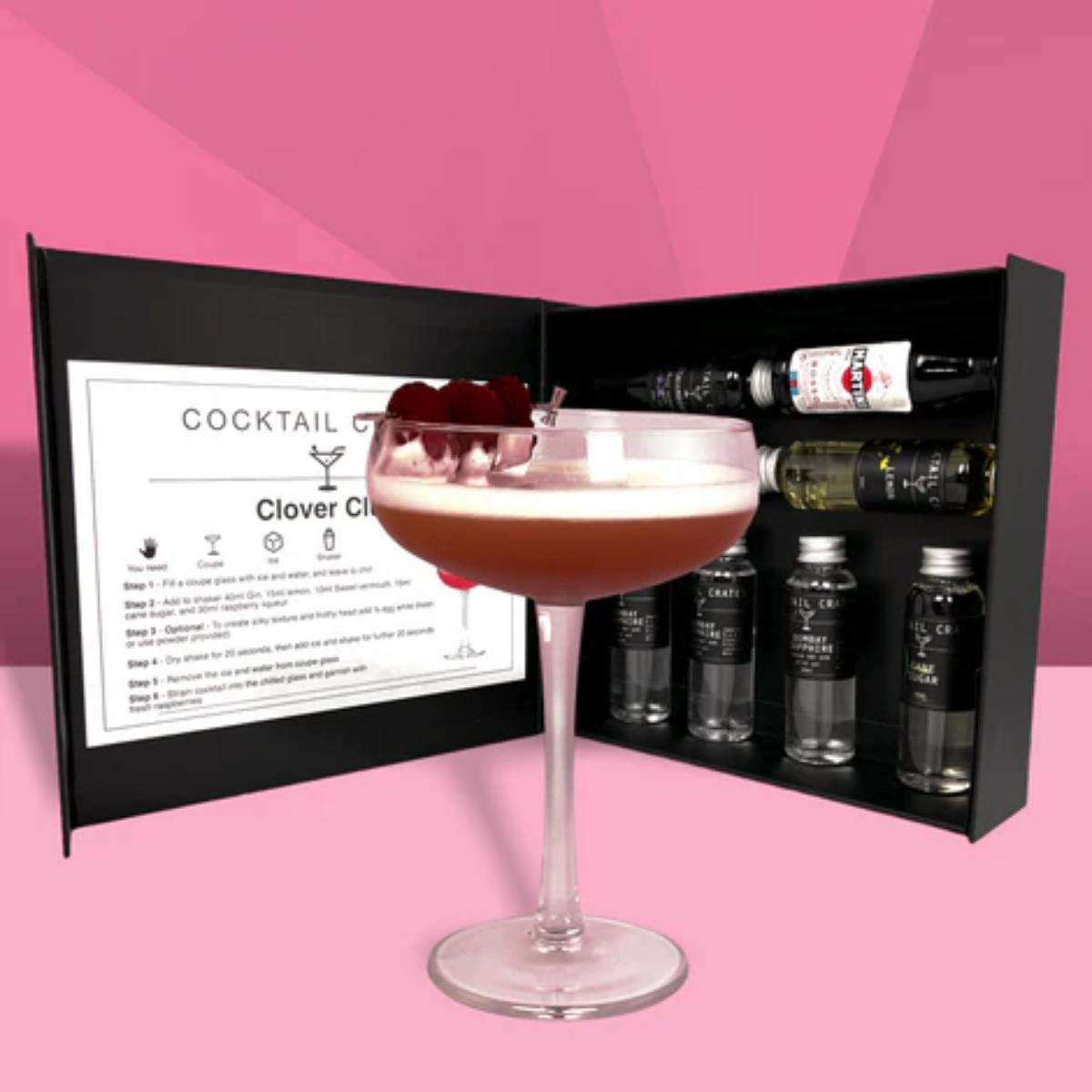 Clover Club Cocktail Gift Box contents — gin, raspberry liqueur, lemon, sugar, egg white