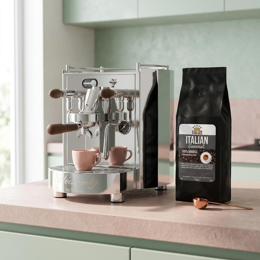 Facino Espresso machine with two pink cups and a bag of Italian gourmet coffee on a kitchen counter.