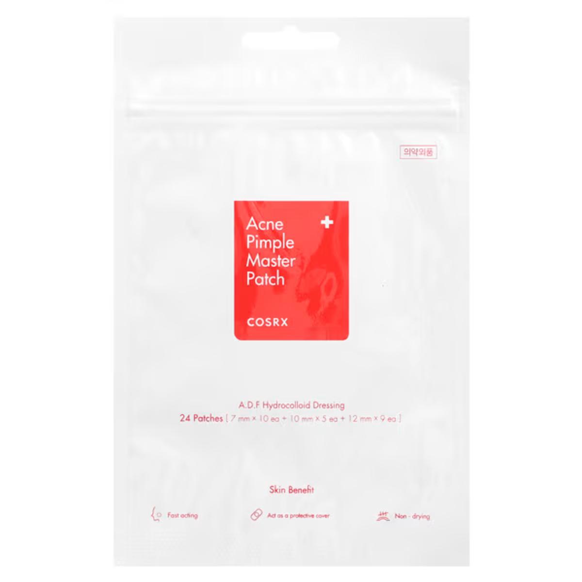 COSRX Acne Pimple Master Patch packaging with 24 hydrocolloid spot treatments

