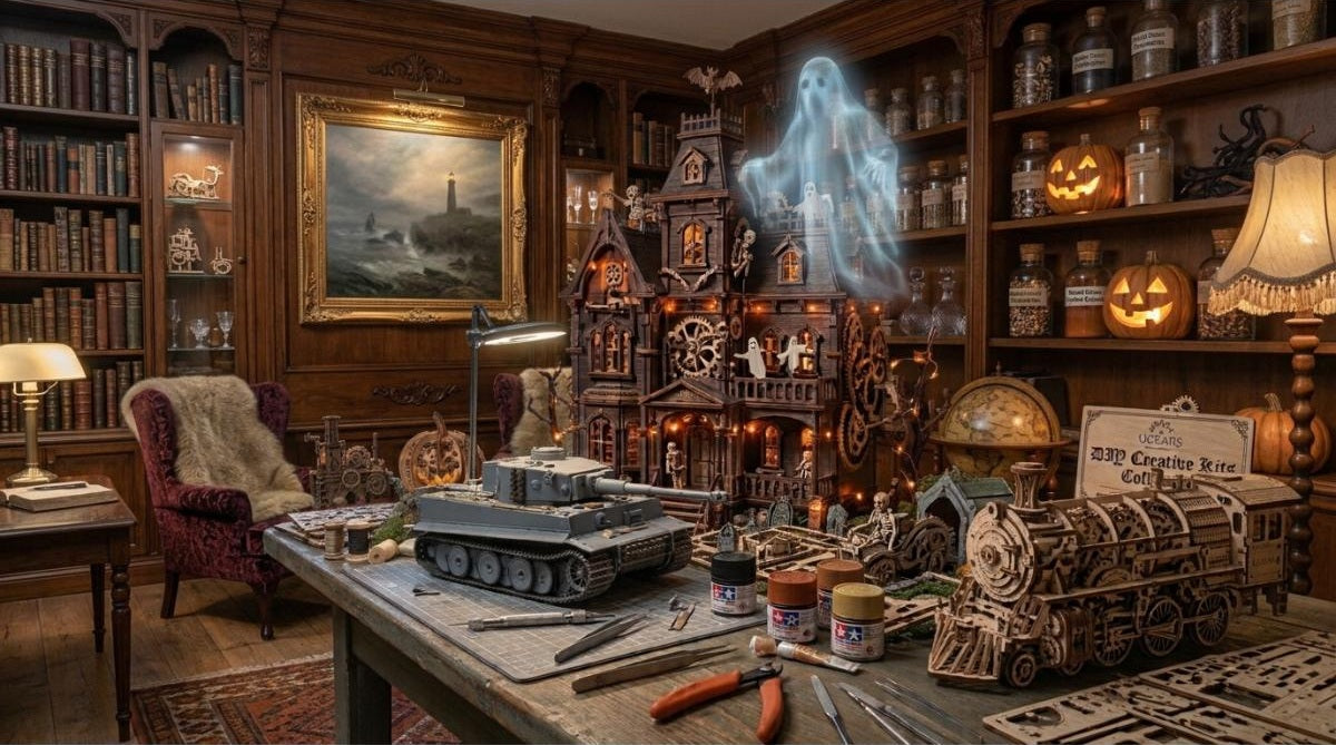 A vintage modeler's workbench in a warm study featuring an unfinished scale tank, modeling tools, paints, and intricate mechanical wooden models, with glowing jack-o'-lanterns on bookshelves and a translucent ghost floating in the Halloween-themed room.