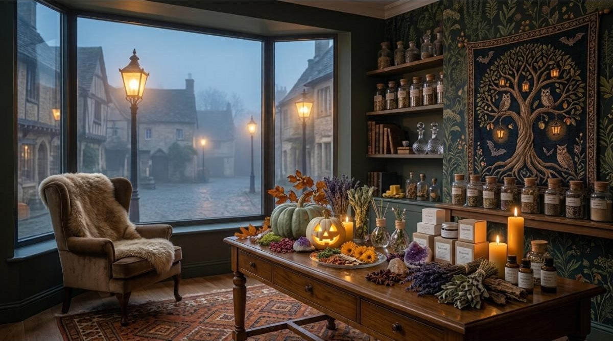 A cozy, atmospheric natural health and wellness shop interior decorated for Halloween with a glowing carved pumpkin on a wooden table, crystal clusters, dried lavender, herbal glass jars, warm candlelight, and a view of an old village through a large bay window at dusk