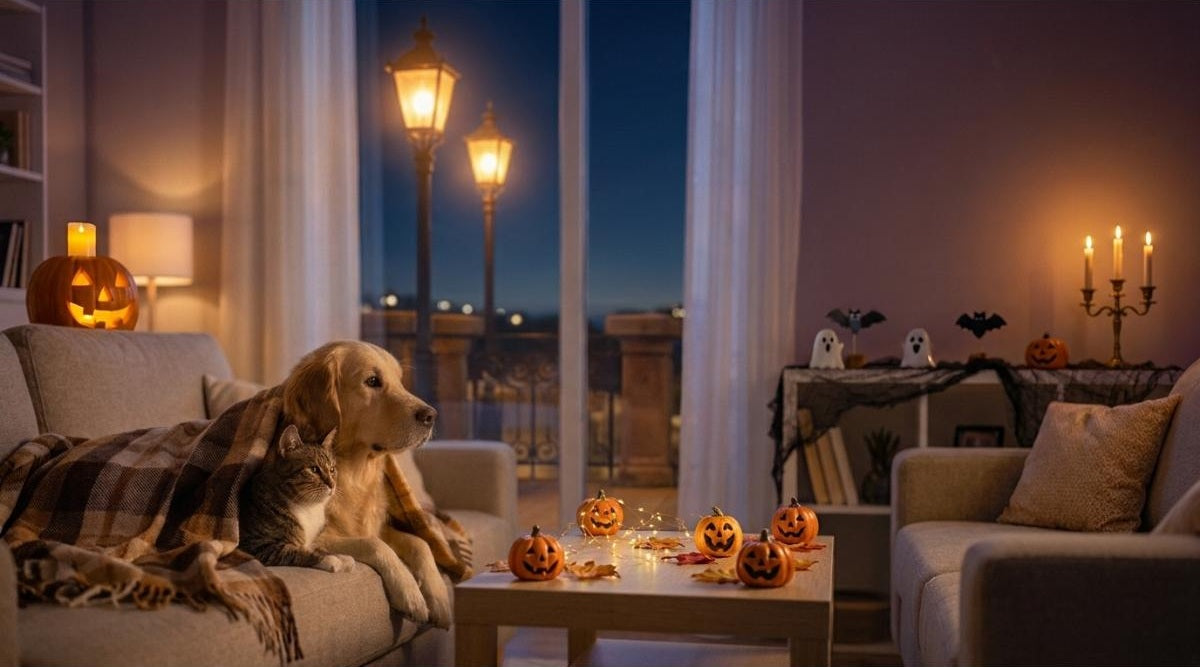 A cozy living room decorated for Halloween with warm lighting, glowing pumpkins on the coffee table, candles, and a cute cat and dog sitting together on the sofa wrapped in a blanket, looking out the window.