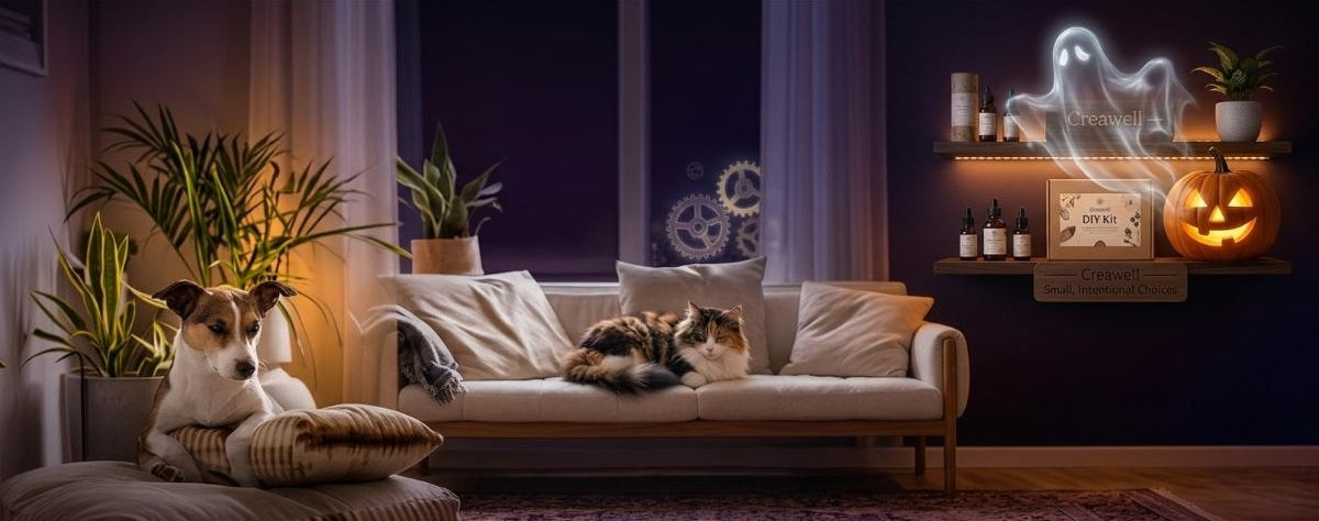 A cozy modern living room with deep purple lighting, featuring a dog resting on a pouf, a cat lounging on a neutral sofa, house plants, and a glowing jack-o'-lantern with a friendly translucent ghost floating over wooden shelves on the right.