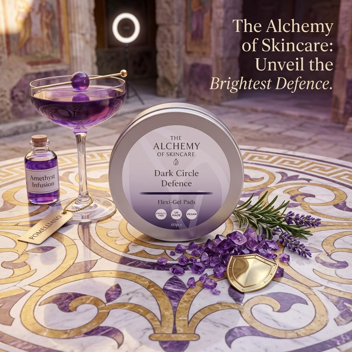 A round silver tin labeled 'The Alchemy of Skincare Dark Circle Defence' is displayed on an ornate marble and gold table, alongside a purple cocktail glass, a small purple bottle, lavender sprigs, crystals, and a gold shield charm. Text on the right reads, 'The Alchemy of Skincare: Unveil the Brightest Defence.