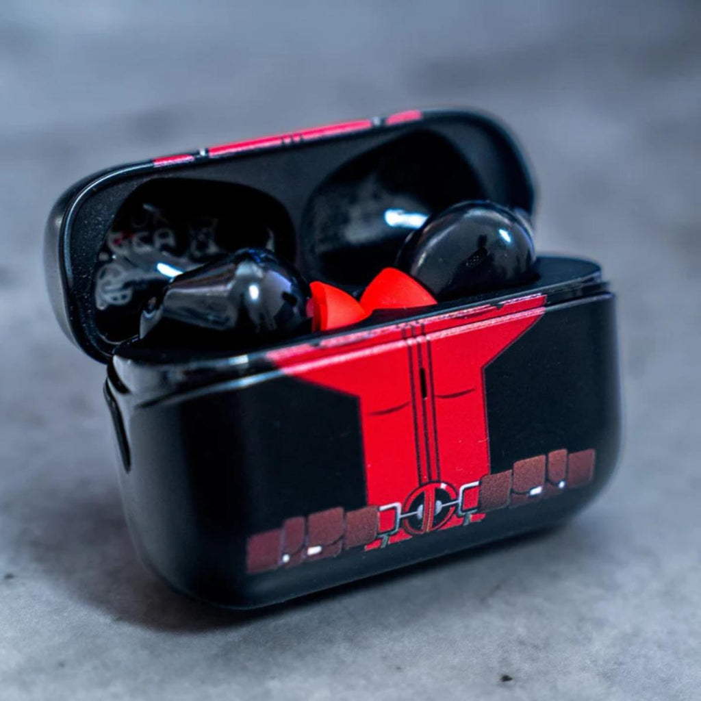 EXG Pro Marvel Deadpool wireless Bluetooth earbuds with charging case and official Marvel design