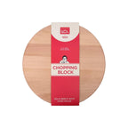 Wooden chopping block with a red and white label on a white background