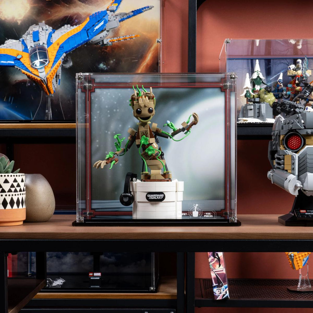 Premium dust‑proof display case for LEGO Dancing Groot 76297 by Wicked Brick