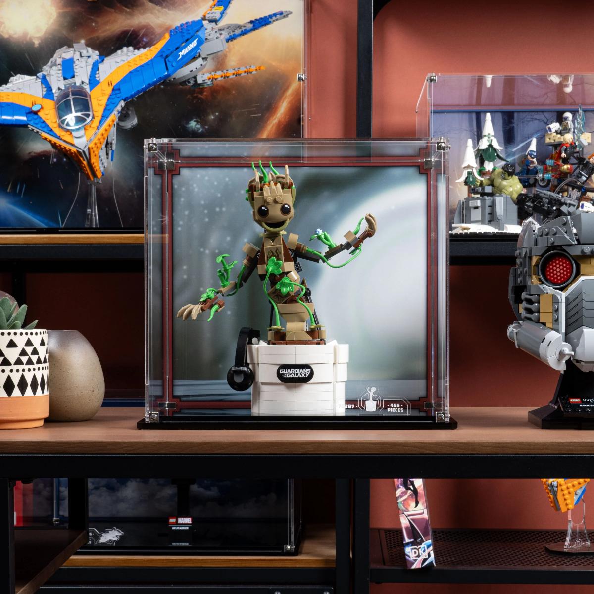 Premium dust‑proof display case for LEGO Dancing Groot 76297 by Wicked Brick