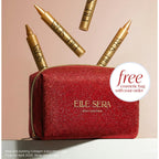 Red cosmetic bag with goldELLE SERA products on a beige background