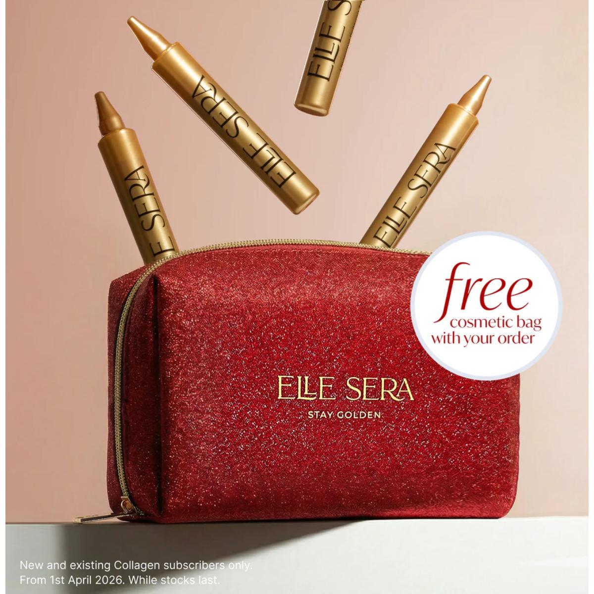 Red cosmetic bag with goldELLE SERA products on a beige background