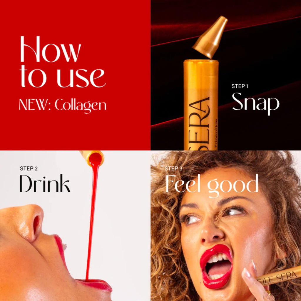 Collagen product packaging with usage steps and a woman using it.
