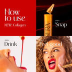 Collagen product packaging with usage steps and a woman using it.