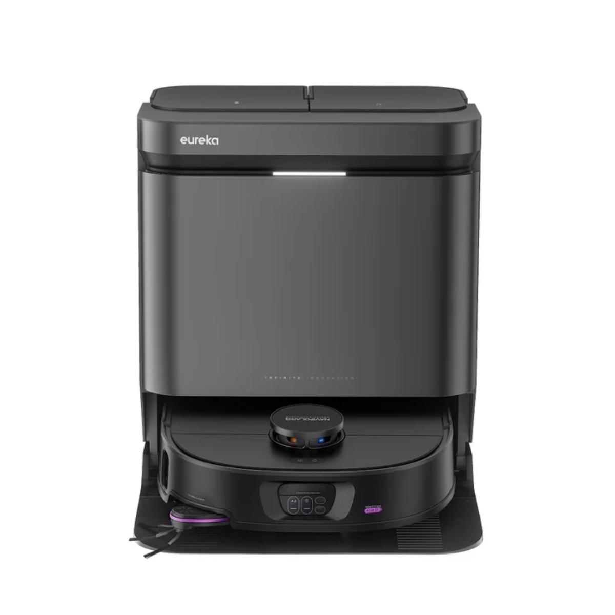 Eureka J15 Max Ultra robot vacuum beside its self-emptying base station