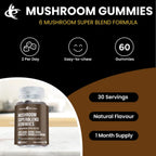 Mushroom Super Blend Gummies bottle with Lion’s Mane, Chaga, Cordyceps, Tremella, Maitake & Reishi mushroom extracts