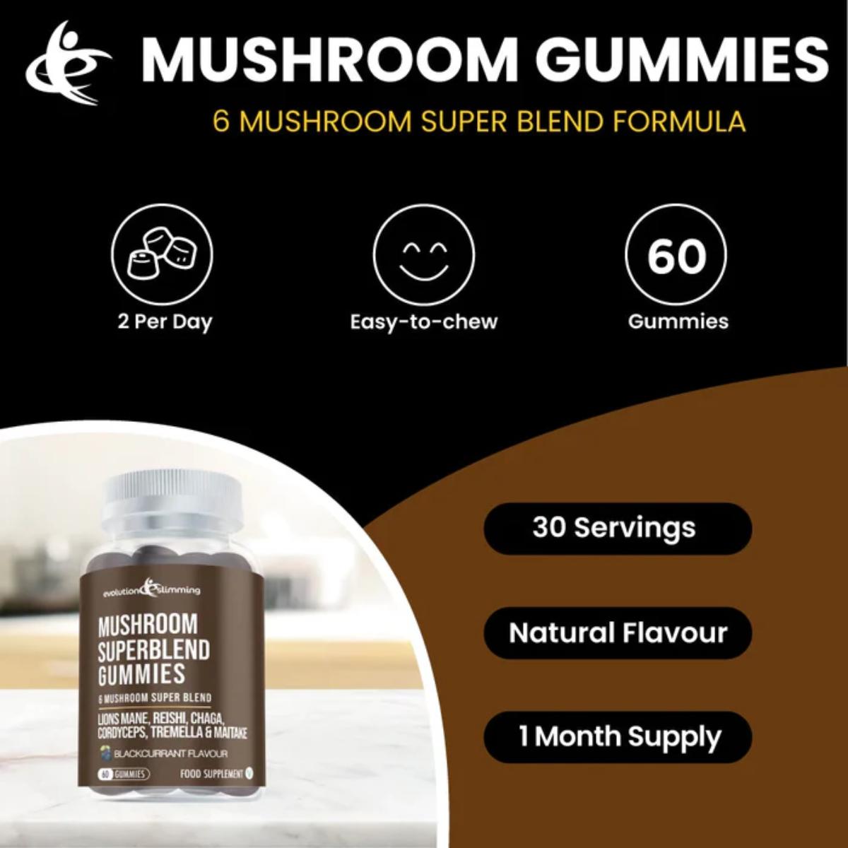 Mushroom Super Blend Gummies bottle with Lion’s Mane, Chaga, Cordyceps, Tremella, Maitake & Reishi mushroom extracts