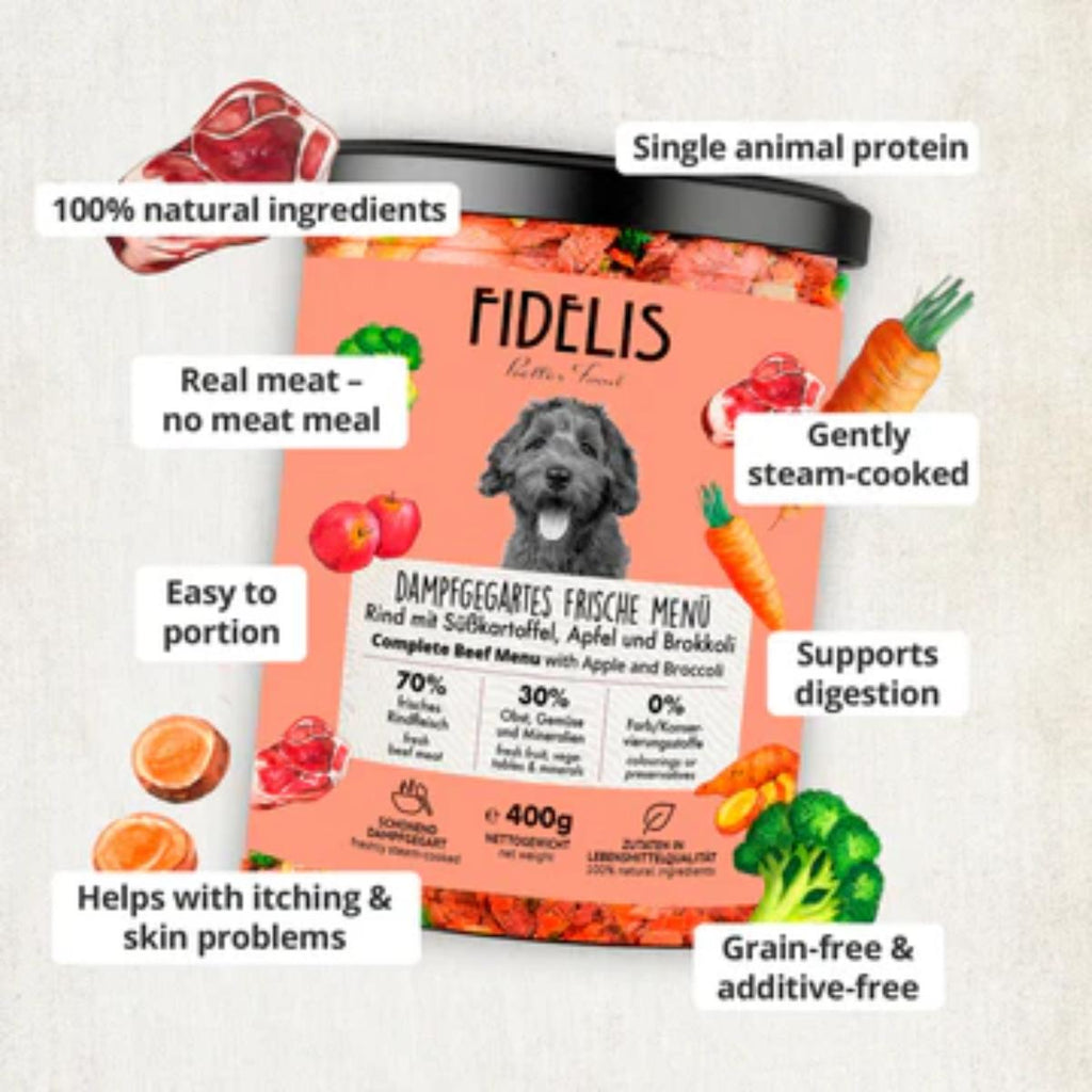 Fidelis Cooked Fresh Beef Menu glass jars – beef with sweet potato, apple & broccoli, dog food