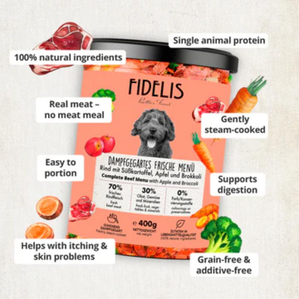 Fidelis Cooked Fresh Beef Menu glass jars – beef with sweet potato, apple & broccoli, dog food