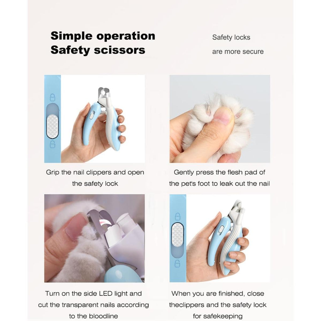 Pet nail clippers with safety guard and LED light for safe trimming