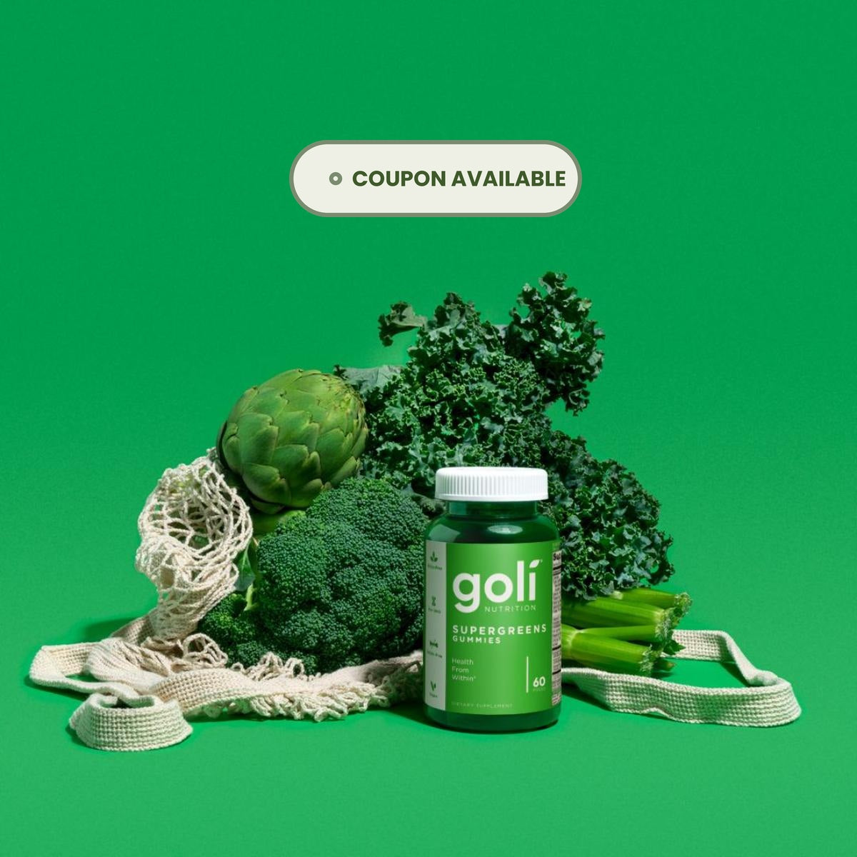 Goli Supergreens Gummies bottle with vegan greens and probiotics