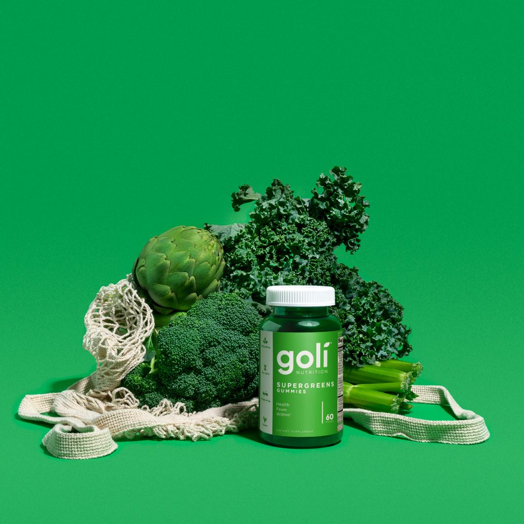 Goli Supergreens Gummies bottle with vegan greens and probiotics