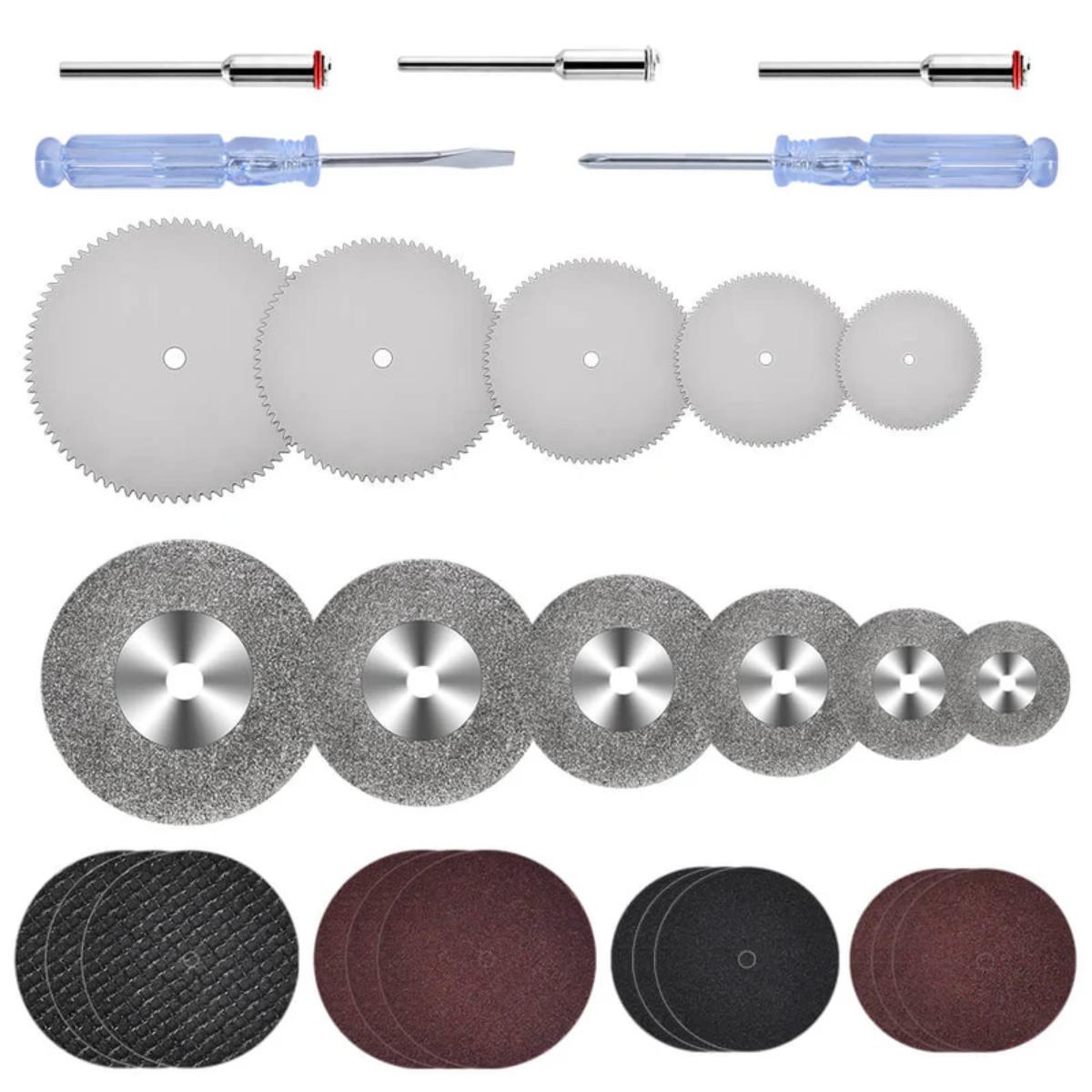 Hanboost 23-piece cutting disc set for rotary tool including HSS blades, diamond and resin discs, and mini screwdrivers
