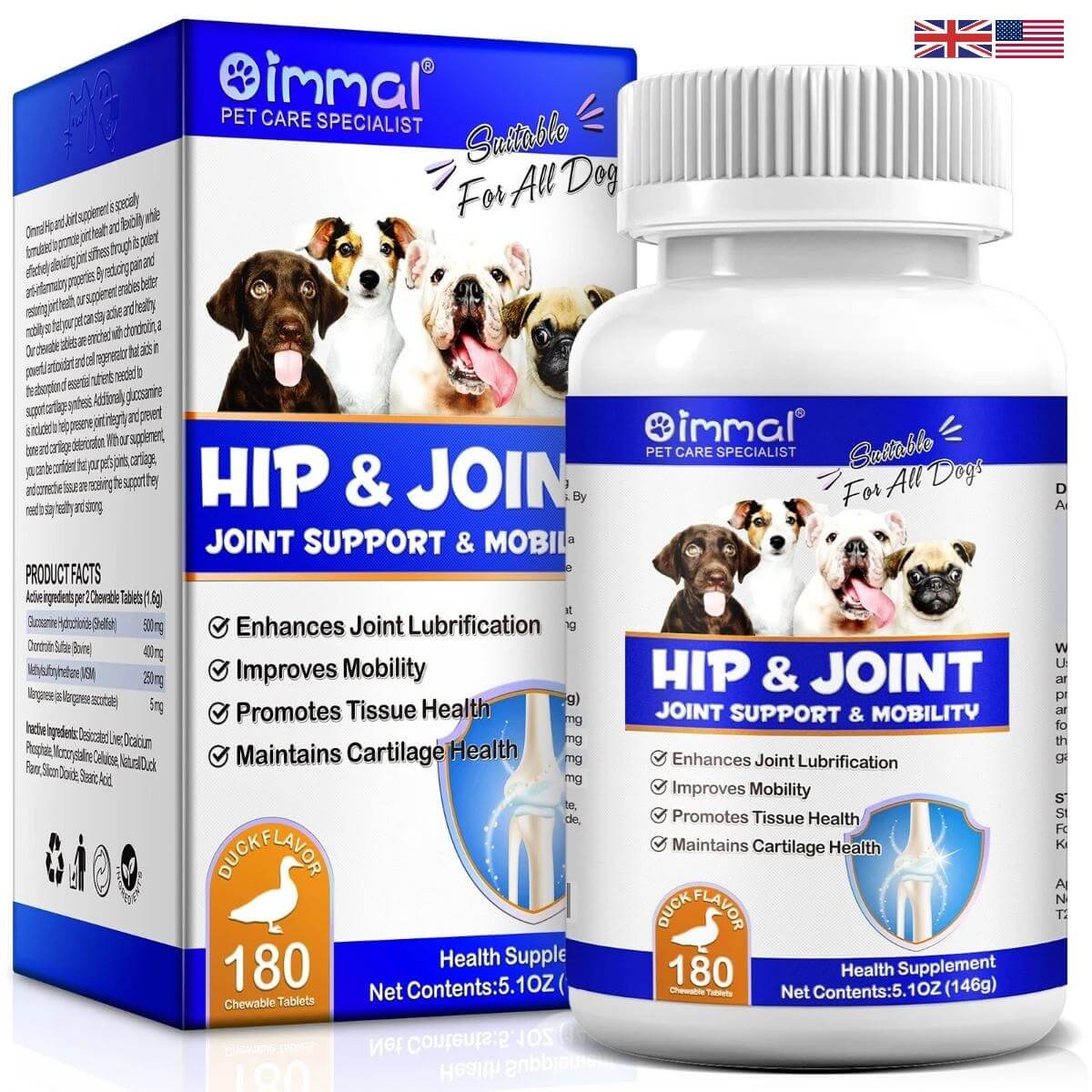 Dog hip and joint support 180 chewable tablets for canine mobility