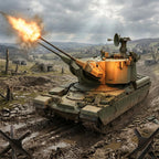 A military tank destroyer in a muddy battlefield setting, firing a cannon with a bright orange explosion, under an overcast sky.