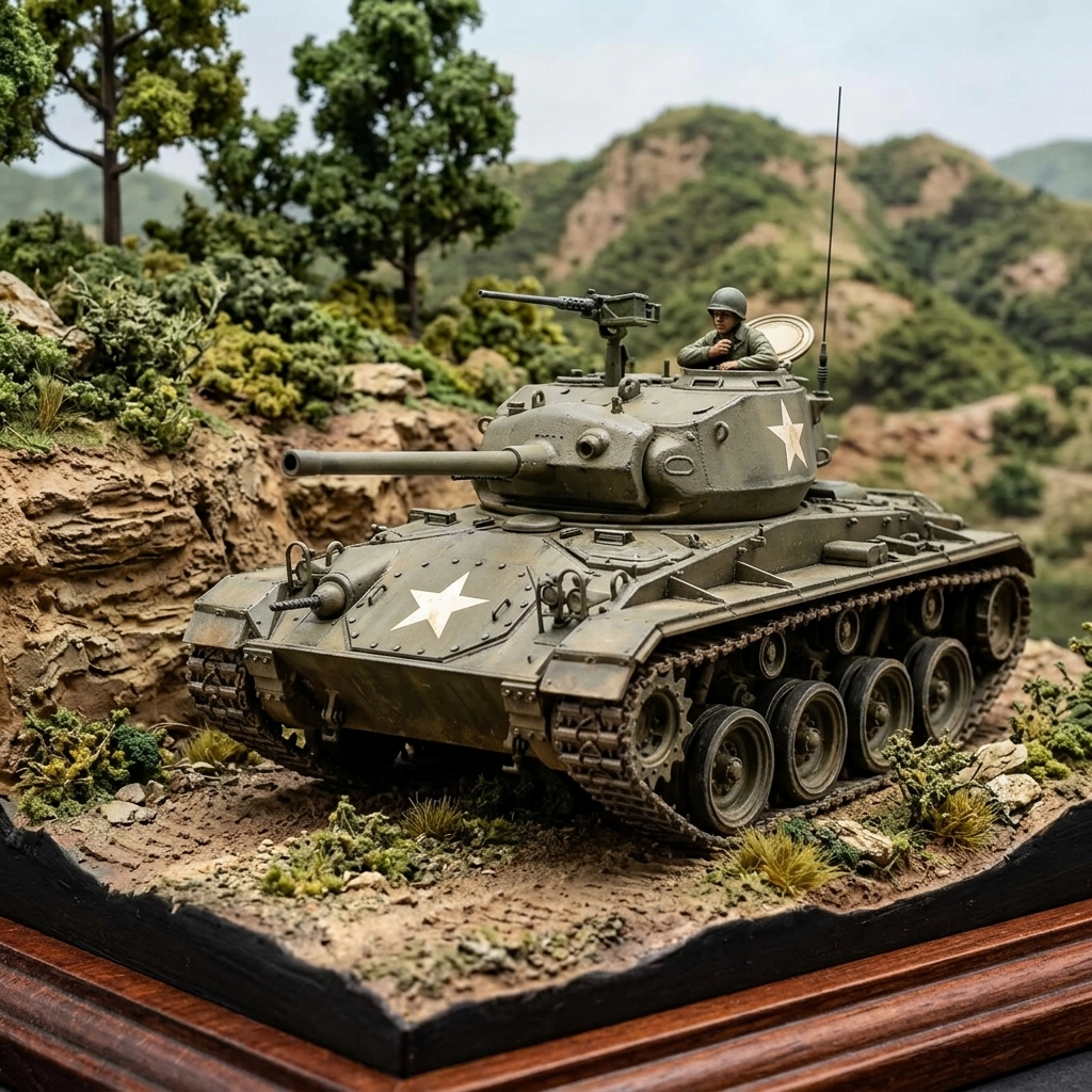 Italeri M24 Chaffee Korean War model kit assembled side view