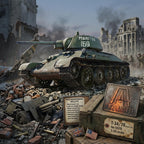 A detailed model kit packaging and display scene featuring a green and brown Soviet T-34 tank destroyer, with miniature props including a sign, flags, and a wooden crate branded 'AT TITALEE' in the foreground, all set against a miniature war-scene backdrop.