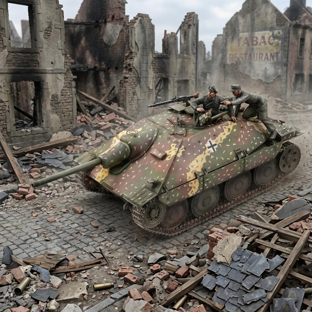 A detailed model of a World War II German Jagdpanzer 38t hetzer