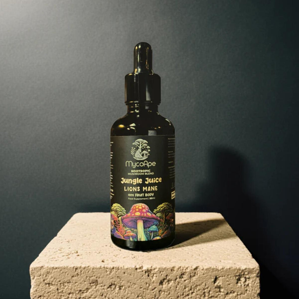 Jungle Juice tincture bottle with Lion’s Mane, Ashwagandha and Aronia dual extract, UK-made vegan nootropic