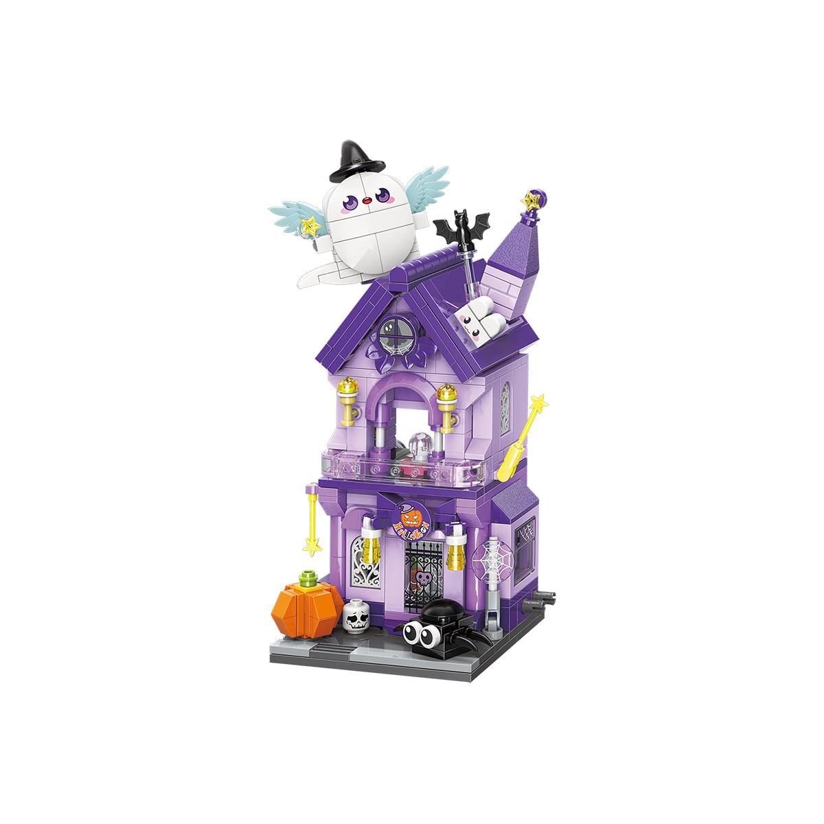 A purple haunted house building block set with a white ghost figure wearing a black witch hat, a small orange pumpkin, black bats, and skull details on a white background.