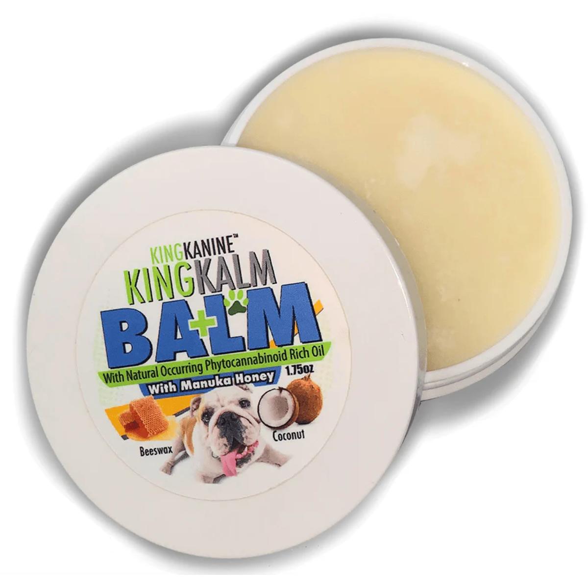 King Kalm CBD Paw Balm with ingredients beeswax, coconut oil, manuka honey